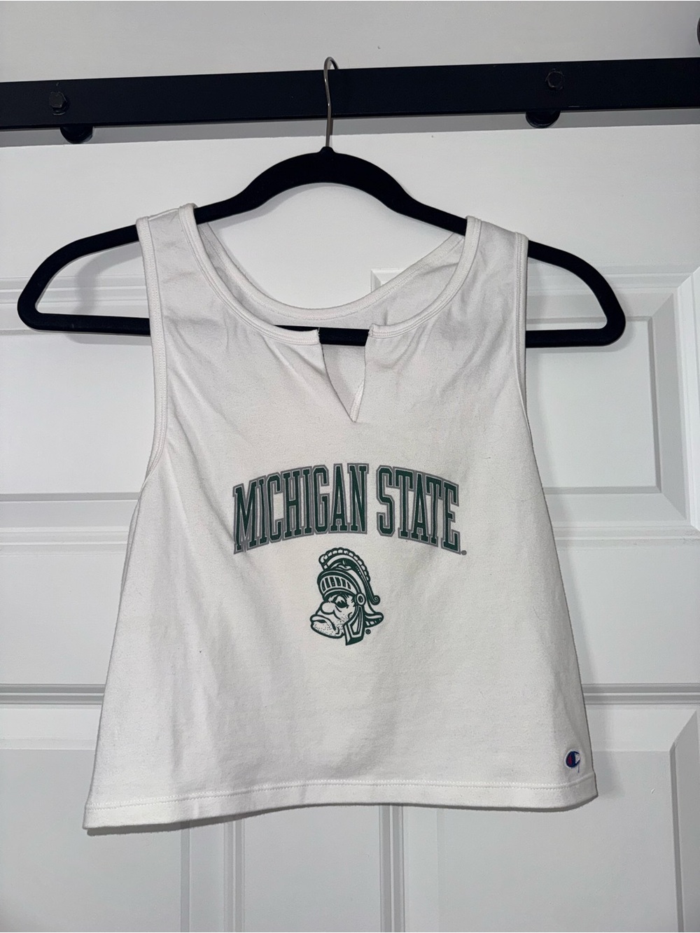Champion White Cropped Tank with Green Michigan State (old) Sparty Logo
